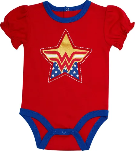 Vista 4 de WONDER WOMAN Conjunto de 4 piezas para bebé niña, camiseta de manga corta, pantalones leggings con falda tutú, body y pantalones cortos con cordón