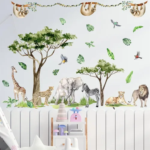Vista 11 de Calcomanías de pared grandes de dinosaurio para despegar y pegar, calcomanías de pared de huellas de dinosaurio, hojas tropicales, palmeras