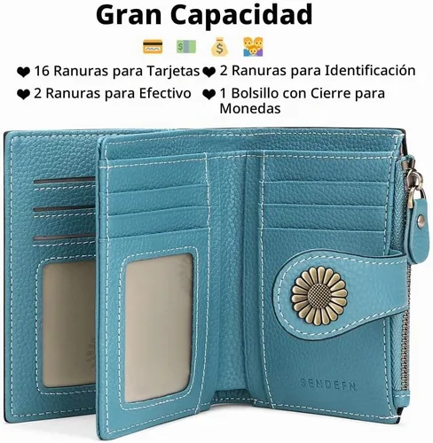 Vista 2 de SENDEFN Carteras pequeñas para mujer, con bloqueo RFID, de cuero, plegable, tarjetero con ventana de identificación, Pequeña