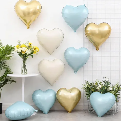 Vista 5 de Globos de corazón azul, dorado y blanco, 18 pulgadas, globos de papel de aluminio azul bebé y crema, 12 piezas, globos de helio en forma de corazón