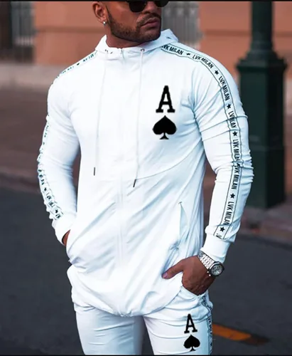 Vista 4 de Traje de manga larga con capucha para hombre de dos piezas con capucha y cremallera completa para correr, 3XL, Blanco