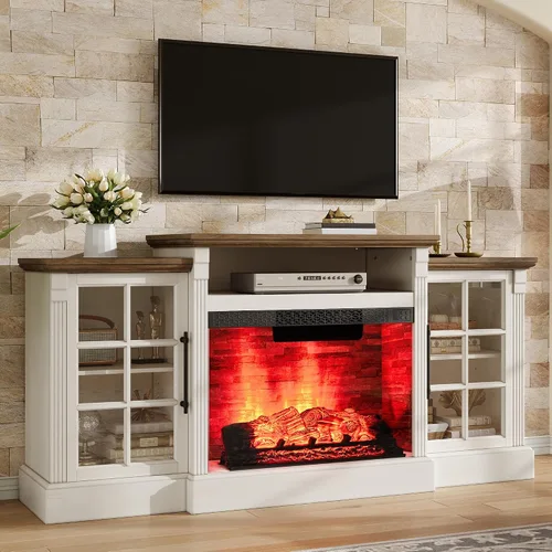 Vista 16 de AMERLIFE Soporte de TV con chimenea de 70 pulgadas para televisores de hasta 80 pulgadas, consola multimedia con armarios de almacenamiento
