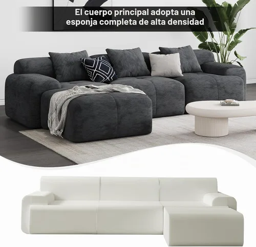 Vista 4 de Sofá Seccional Modular Moderno en Forma de L para Sala de Estar, Sofá de 3 Plazas de Gran Tamaño con Asiento Profundo y Otomana Móvil – Sin Montaje