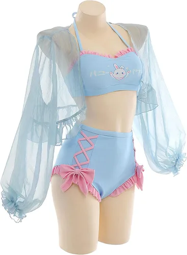 Vista 2 de haikyuu Conjunto de bikini de conejito de anime para mujer, con salida de baño, traje de baño de dos piezas con cordones
