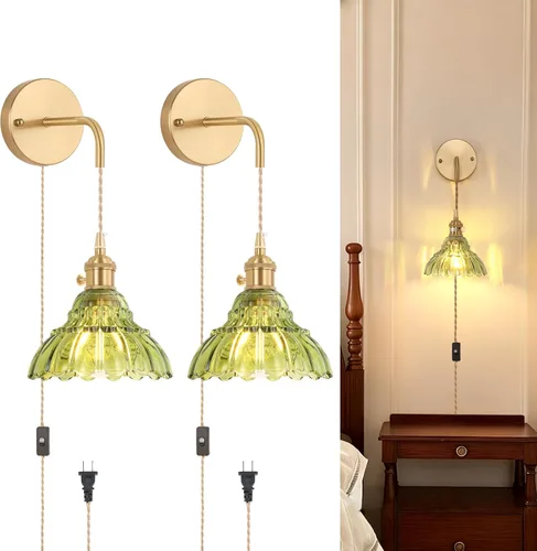 Vista 30 de Shenmoyl - Aplique de pared que funciona con pilas, lámparas de pared vintage recargables con pantalla de vidrio de lirio verde, lámpara de pared
