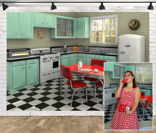 Vista 8 de Telón de fondo retro de tela de 5 x 3 pies para fotografía interior, cocina, comedor, escena, fondo de los años 50, decoración de cumpleaños