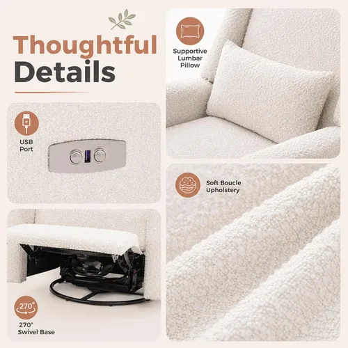 Vista 7 de Mecedora reclinable giratoria eléctrica, gran comodidad, para guardería, color crema Mecedora suave con almohada lumbar y puerto de carga USB