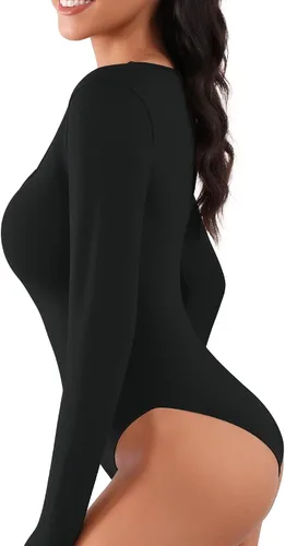 Vista 3 de MANGOPOP Body de manga larga para mujer con cuello en V recortado, leotardo para salir, ajustado