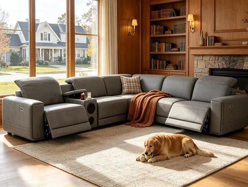 Vista 42 de Juego de sofá seccional reclinable de cuero, sofá seccional con 4 sillones reclinables Juegos de muebles de sala con 3 reclinables, luz LED