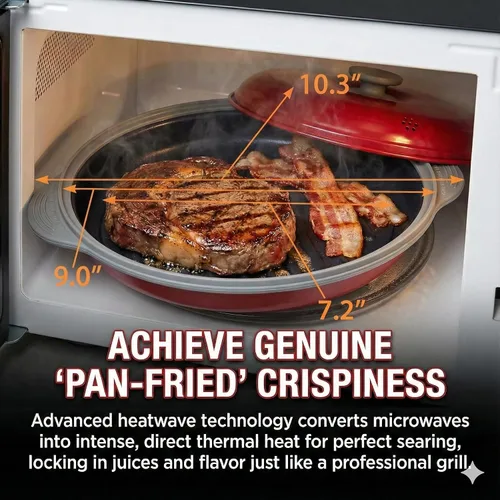Vista 2 de MACONEE - Sartén para microondas con parrilla Parrilla, plancha y sartén para microondas con tapa para asar, dorar y crujir alimentos. Utensilios