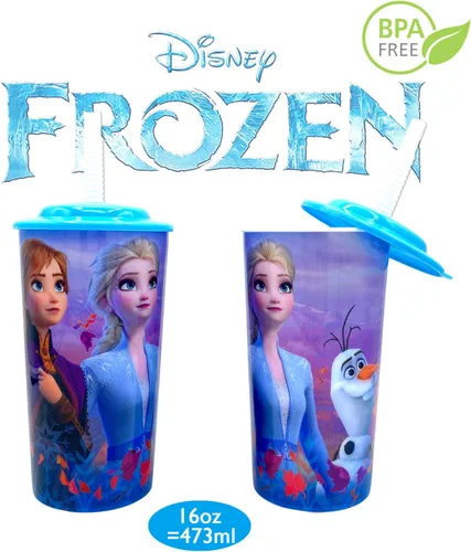 Vista 2 de Disney Frozen 2 vasos de bebida Elsa Anna con tapa, juego de popote reutilizable para niños y niñas, paquete de 2 – Seguro sin BPA por Zak design
