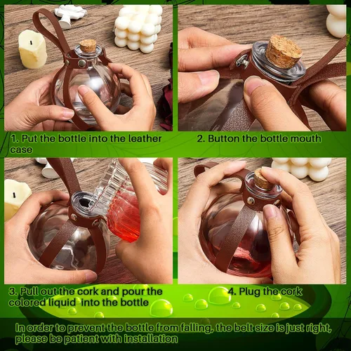 Vista 6 de Patelai 2 botellas de poción de vidrio de Halloween con cinturón, corcho, accesorios de disfraz de bruja renacentista, botella de poción para Marrón