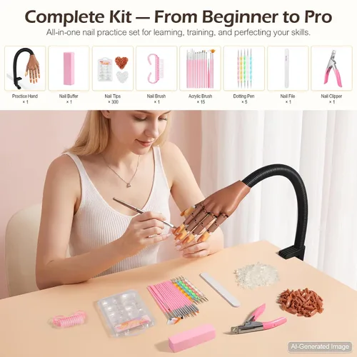 Vista 2 de LIONVISON Mano de práctica para uñas acrílicas: kit de mano de entrenamiento de uñas postizas de manicura Movable Fake Manican Hands with 300PCS