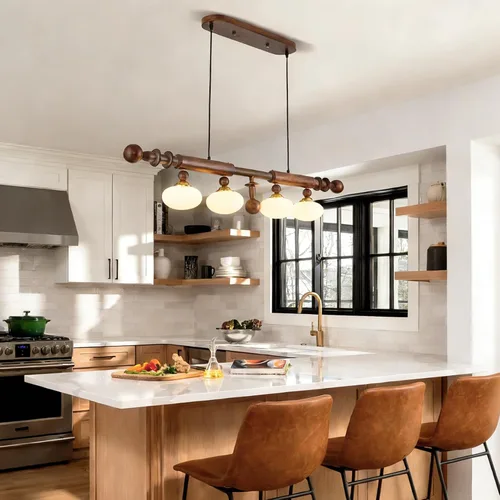 Vista 6 de Lámpara de araña lineal de madera y globo de madera para comedor, lámpara rústica de 4 luces lineales para isla de cocina, lámpara colgante moderna