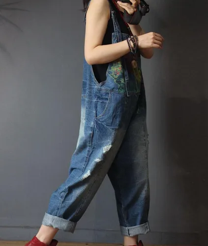 Vista 4 de YESNO P60 mujeres pantalones vaqueros recortados monos monos pintados a mano pulido desgastado casual holgado ajuste suelto, L