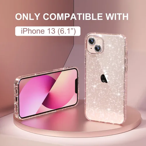 Vista 8 de Choiche Compatible con iPhone 13, funda para mujer con purpurina brillante, 2 protectores de lente de cámara con diamantes, funda protectora a