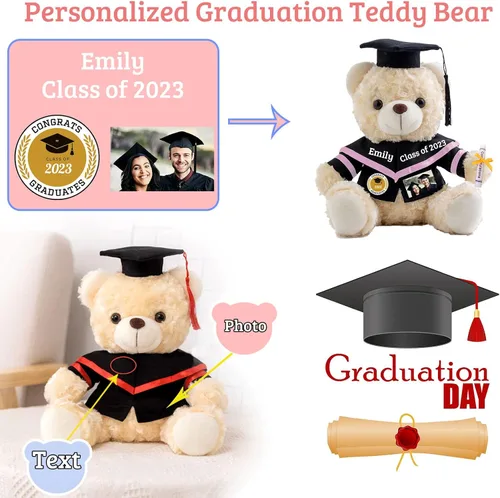 Vista 2 de Oso de graduación para la clase de 2026, regalos de graduación personalizados con texto, nombre o fecha, oso de peluche blanco para ella, regalos