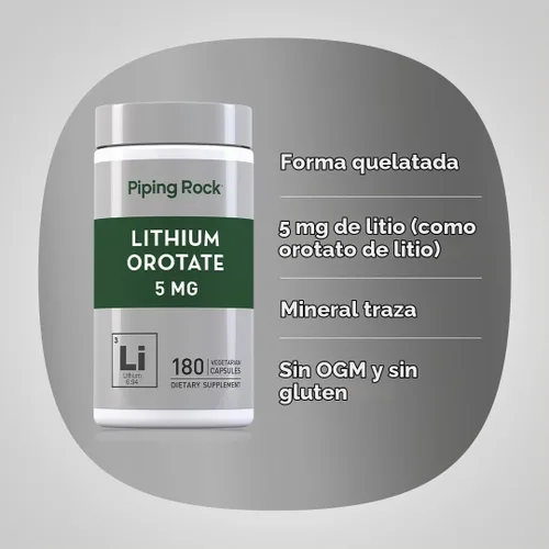 Vista 4 de Piping Rock Suplemento de orotato de litio 5 mg 180 cápsulas
