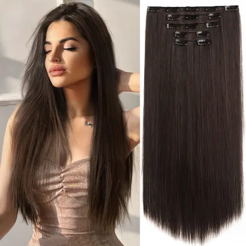 Vista 22 de Extensiones de cabello sintético con clip, color burdeos de 18 pulgadas de largo, invisibles, gruesas, extensiones de cabello lacio con clips, 5