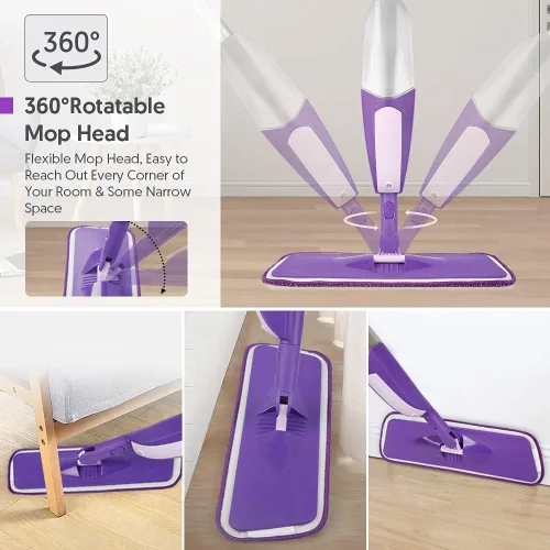 Vista 2 de Mopa con aerosol para limpieza de suelos - SEVENMAX Mopa de microfibra con botella recargable de 550ML, 3 almohadillas lavables, mopa plana para uso