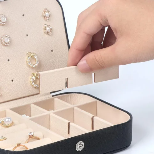 Vista 5 de Joyero de viaje, pequeñas cajas organizadoras de joyas para mujeres y niñas, estuche de joyería de viaje de 2 capas, mini soporte portátil