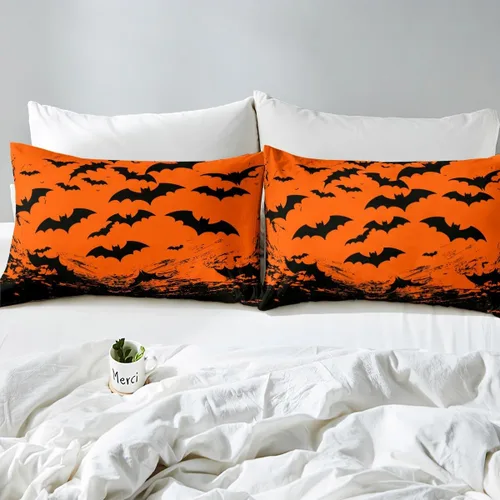 Vista 5 de Funda de edredón con diseño de murciélago, juego de ropa de cama de murciélago negro y naranja, funda de edredón temática de Halloween