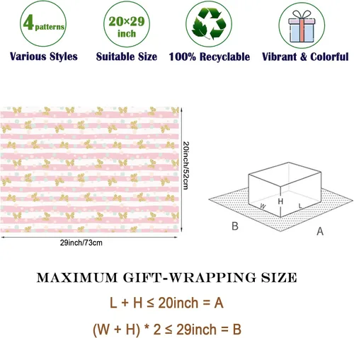Vista 8 de WAPLIGHAL Papel de regalo de cumpleaños rosa para niñas y niños, diseño de lunares de Poka, estrella, mariposas doradas brillantes, papel de regalo