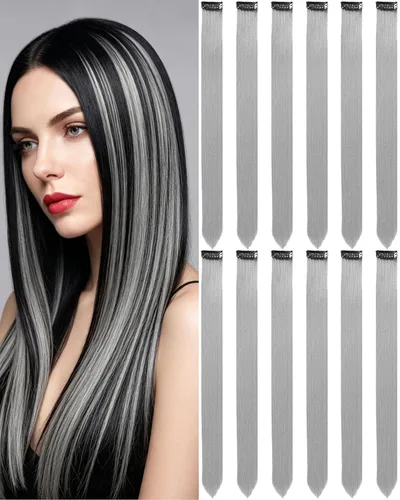 Vista 16 de 12 extensiones de cabello negro con clip, extensiones de cabello de color de 22 pulgadas, extensiones de cabello sintético largo y lacio para mujer
