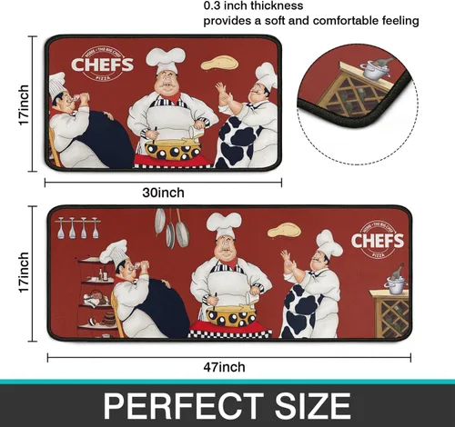 Vista 3 de Fat Chef - Juego de 2 alfombras y tapetes de cocina, alfombras rojas para decoración de cocina, tapetes con respaldo de goma antideslizante