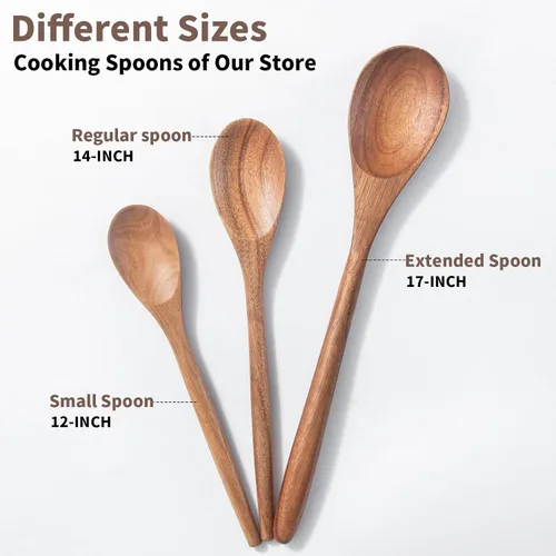 Vista 6 de 2 cucharas de madera de acacia para cocinar, cucharas de cocina de 12 ″ con acabado liso de madera de agarre cómodo, cucharas de madera