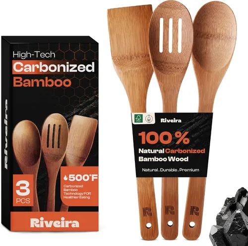 Vista 15 de Riveira Cucharas de madera de bambú para cocinar, 3 piezas, espátula de madera esencial para apartamento, cuchara antiadherente, juego de utensilios