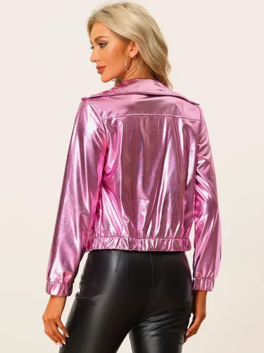 Vista 4 de Allegra K Chaqueta metálica holográfica brillante para mujer, manga larga, ligera, con cremallera