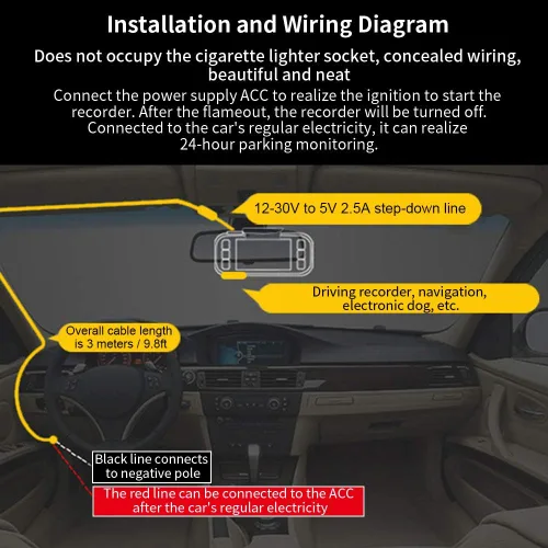 Vista 7 de Acouto Dash Cam Hardwire Kit 12v 24V a 5V 2.5A Straight Mini USB Step Down Line para monitoreo de estacionamiento, cámaras de reserva de vehículos