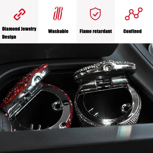 Vista 4 de BESULEN Cenicero de automóvil con brillos, cenicero portátil con tapa, soporte para taza cilíndrica sin humo con indicador de luz LED, accesorios