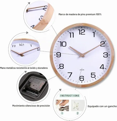 Vista 3 de Kesin Reloj de Pared Silencioso Redondo de Madera de 12 Pulgadas, Relojes de Pared de Madera Blanca Analógicos a Batería Sin Tictac para Sala