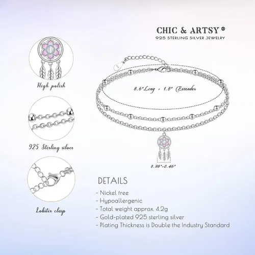 Vista 49 de CHIC & ARTSY Tobilleras delicadas de plata de ley S925 para verano, pulsera de tobillo ajustable multicapa para playa, joyería de pie para mujer