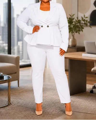 Vista 5 de CXXQ Pantalones tipo blazer peplum de 2 piezas para mujer, talla grande Blanco