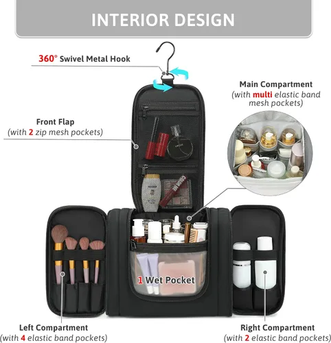 Vista 6 de Pearl Angeli Neceser colgante para mujeres y hombres, bolsa grande para cosméticos de maquillaje, organizador de artículos de tocador resistentes al