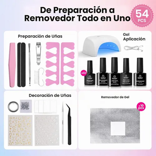 Vista 3 de Beetles - Kit de esmalte de uñas de gel con luz UV, 54 piezas, 32 colores A - Multicolor-32-54