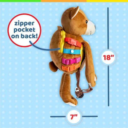 Vista 8 de Buckle Toys Mochila de oso - Mochila para niños pequeños y actividad de aprendizaje de animales de peluche, desarrolla habilidades motoras finas