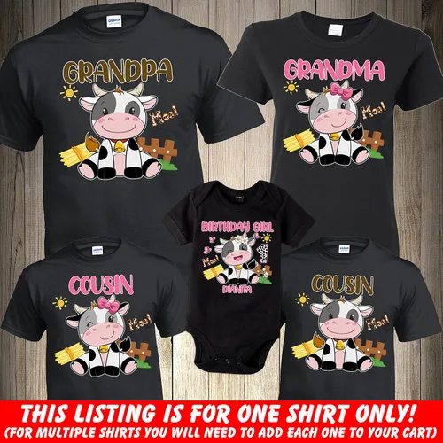 Vista 2 de Cow Birthday Girl Shirt, Birthday Girl, Birthday Boy, Matching Cow Family Birthday shirt, Farm Birthday Shirt,Personalized Birthday Shirt