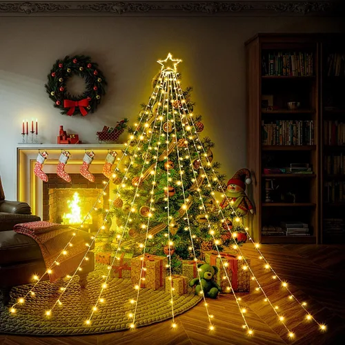 Vista 2 de Luces de Cadena de Estrella de Navidad, 320 Luces LED de Cascada para Árbol con Estrella Superior de 13", 8 Modos de Iluminación para Interiores