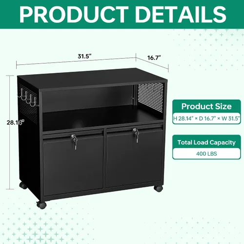 Vista 3 de Letaya Archivador móvil de 2 cajones con cerradura, soporte lateral de metal para impresora, gabinetes de almacenamiento de archivos con estantes