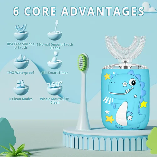 Vista 2 de Cepillo de dientes eléctrico en forma de U para niños, dinosaurio sónico, de boca completa, con 4 cabezales de cepillo suave, automático, 6 modos