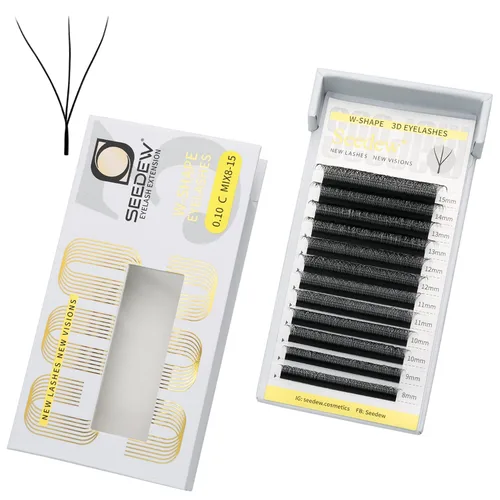 Vista 33 de Extensiones de pestañas 3D, rizo LU/M de 0.003 in, MIX8-0.591 in, 12 filas por bandeja, tallo plano en forma de W, injerto de pestañas natural PBT