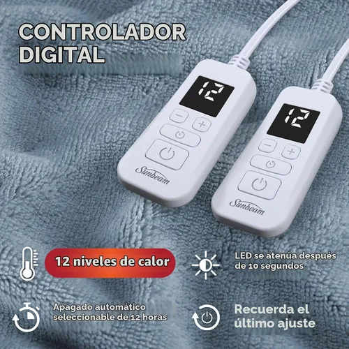 Vista 3 de Sunbeam Electric Royal Luxe - Manta eléctrica calefactora de microfelpa con 12 configuraciones de calor, apagado automático seleccionable de 12 Azul