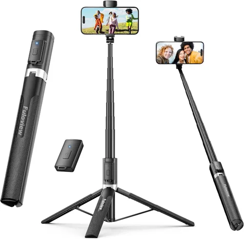 Vista 2 de Trípode de teléfono de 70 pulgadas, trípode de viaje para selfie stick para iPhone, control remoto inalámbrico para selfies, palo selfie extensible