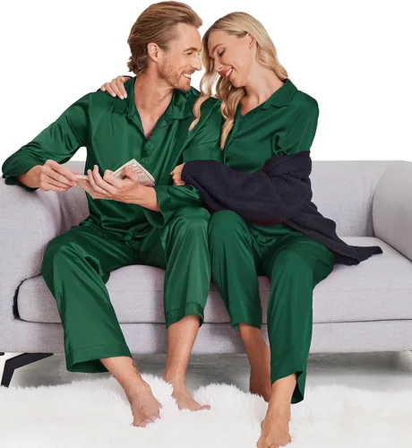 Vista 4 de Ekouaer Pijamas a juego para parejas, ropa de dormir clásica de manga larga para parejas, satén de seda, suave, con botones, tallas S-XXL