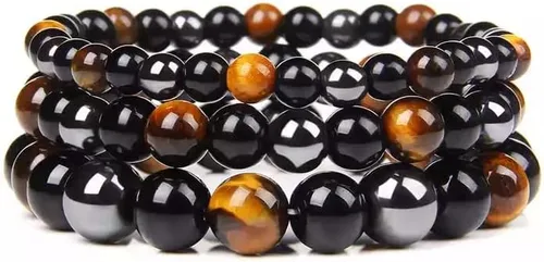 Vista 5 de InfinityAK - Pulsera elástica con cuentas de hematita y ojo de tigre de obsidiana negra