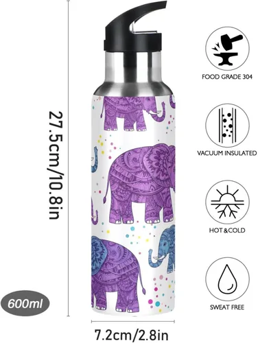 Vista 9 de BPA-Free Sport Water Bottle 32 Oz, Insulated Water Bottle for Gym Outdoor Travel School, Cute Purple Elephants Purple Blue